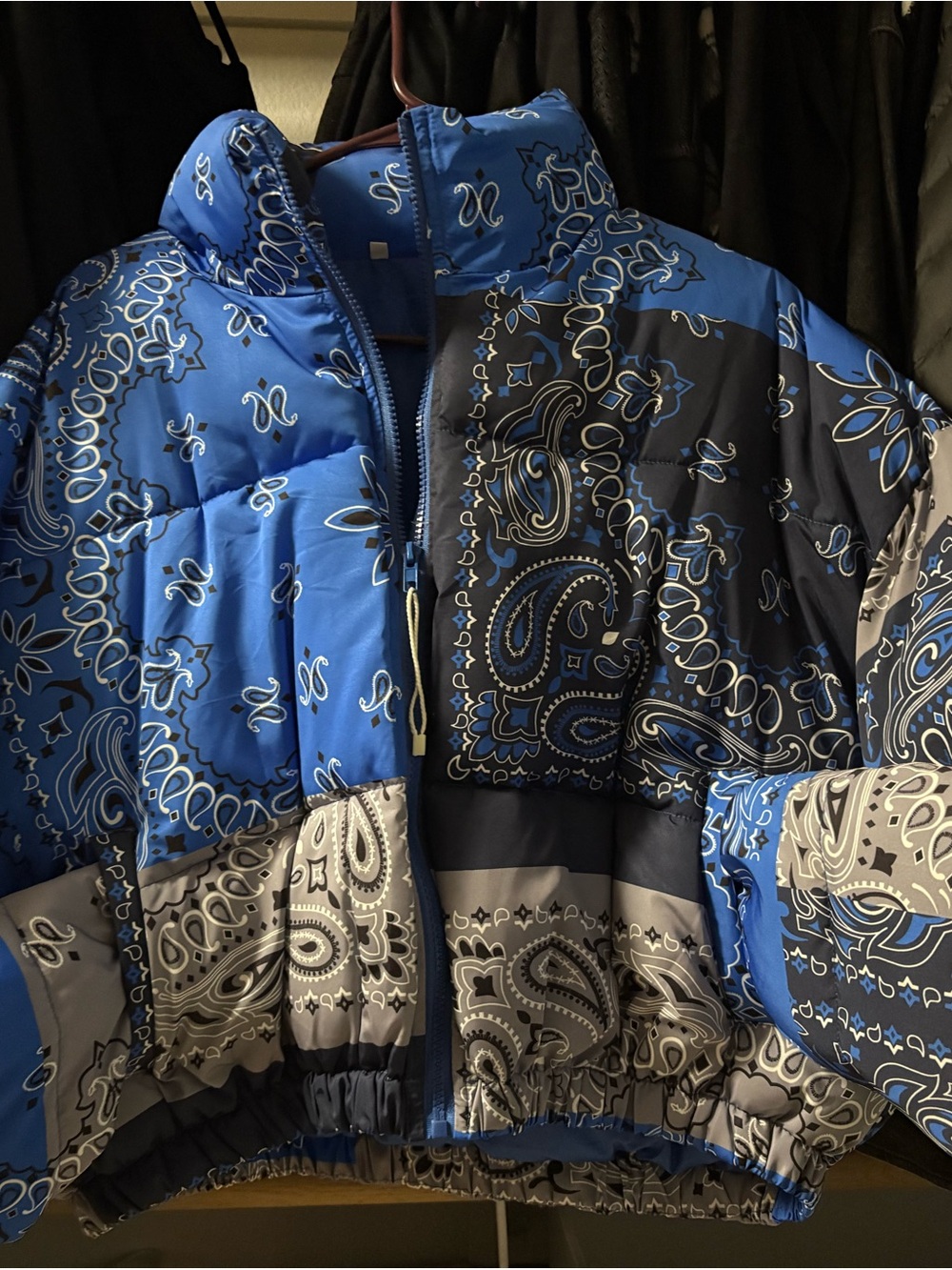 Blue & Gray Paisley Puffer Jacket woman